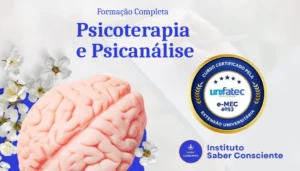 Logotipo oficial do curso Formação Completa em Psicoterapia e Psicanálise com selo de dupla certificação de 1628 horas e menção à parceria com a faculdade Unifatec, com fundo azul escuro profissional.