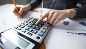 Pessoa revisando documentos financeiros e gráficos em um computador, com uma calculadora e caneta na mesa, simbolizando precisão e auditoria contábil.
