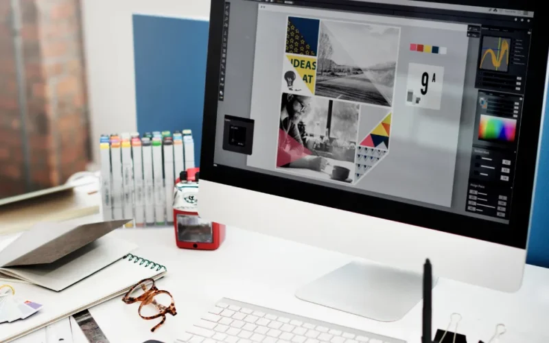 Pessoa estudando design gráfico em um notebook, com softwares de edição abertos e um certificado digital ao fundo.