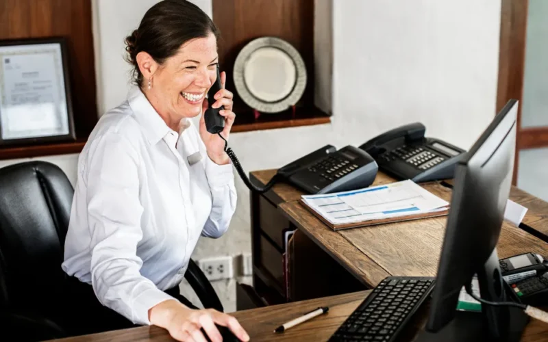 Mulher sorridente em uma recepção moderna, usando um tablet para atendimento, com um certificado digital ao fundo.