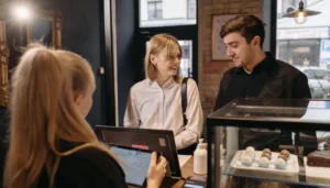 Operador de caixa sorrindo enquanto atende um cliente em um ambiente de loja moderna, com um terminal de pagamento digital
