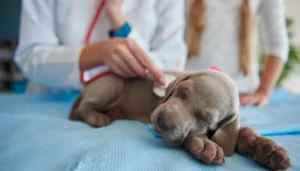Pessoa aplicando primeiros socorros em um cão ou gato, com um kit de emergência ao fundo.