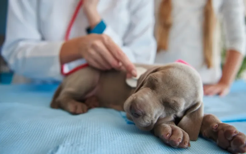 Pessoa aplicando primeiros socorros em um cão ou gato, com um kit de emergência ao fundo.